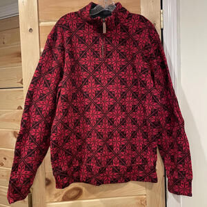 Lands' End Men's Red and Black Patterned Cotton Quarter-Zip Jacket Size L